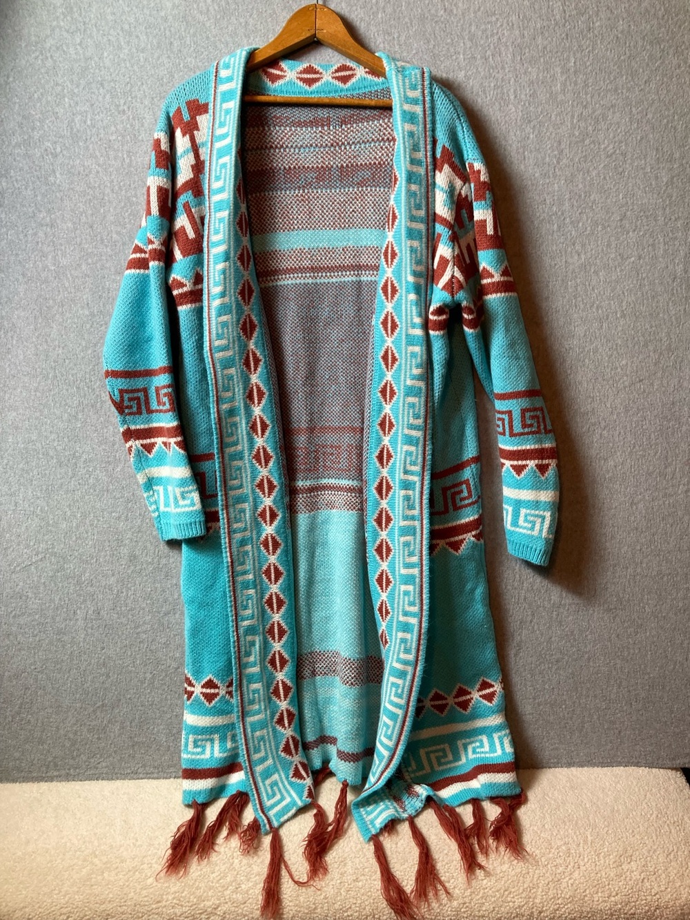 SHEIN Turquoise Open-Front Aztec Fringe Cardigan